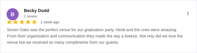 5-star Google review of The Lodge at Seven Oaks by Becky Dodd