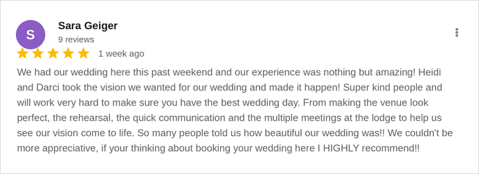 5-star Google review of The Lodge at Seven Oaks by Sara Geiger